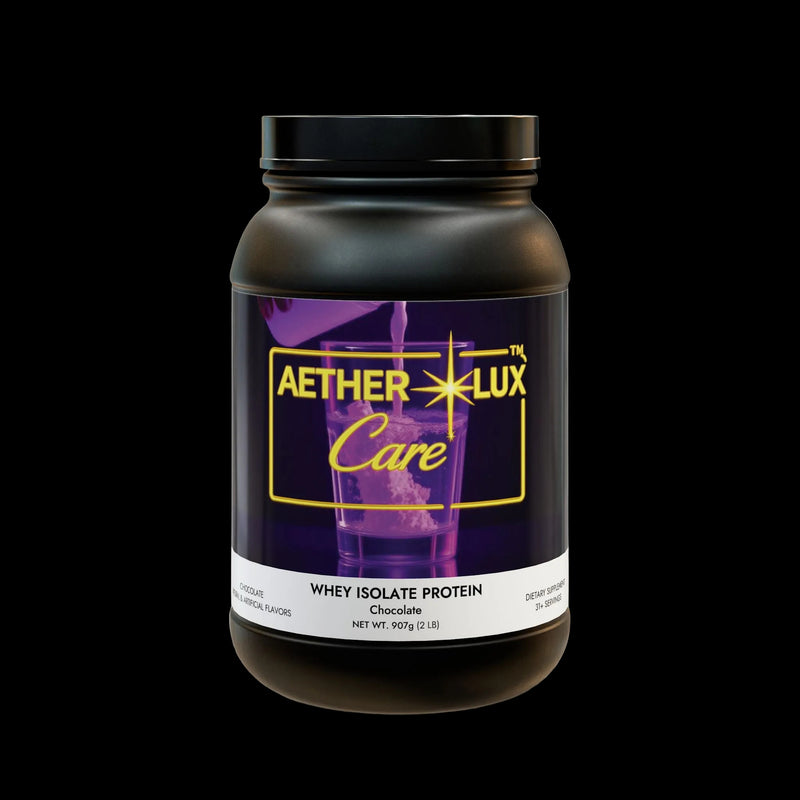 Aether Lux Care whey isolate protein container on a white background