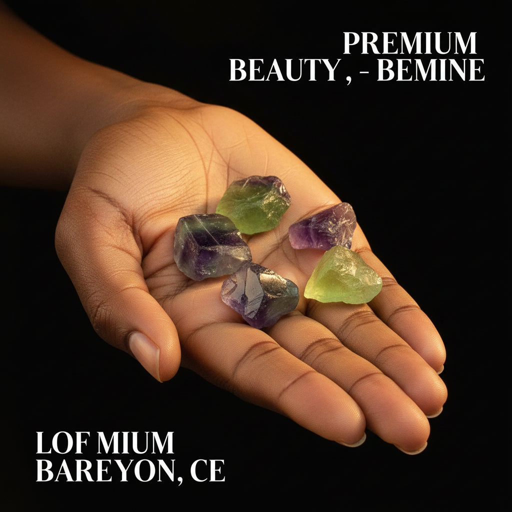Hand holding colorful fluorite crystals with a blurred background