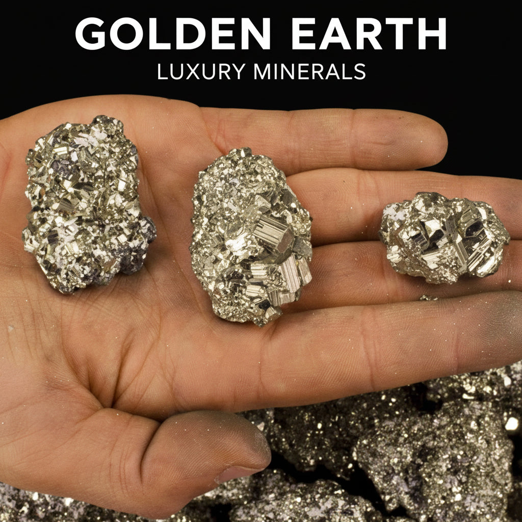 Three crystal rocks held in a hand with a background of more crystals.