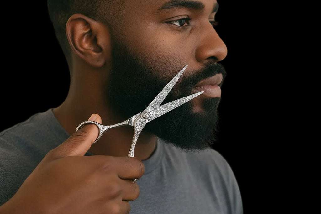 Man getting a haircut with scissors, wearing a brown cape.
