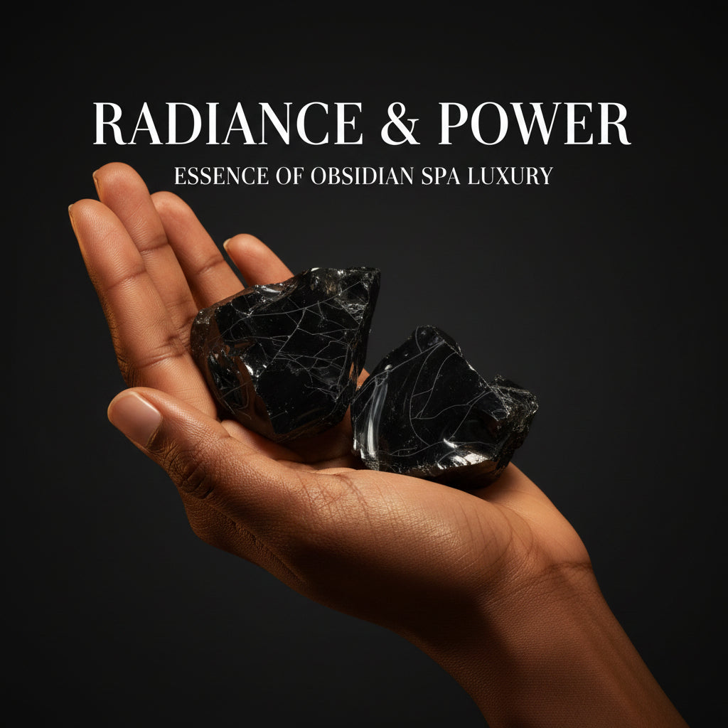 Two dark, reflective stones held in a hand with a blurred background