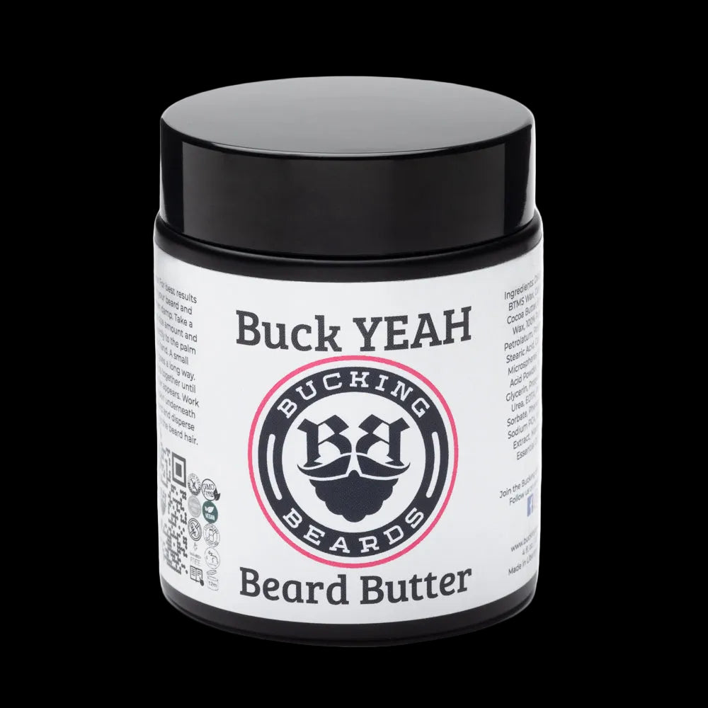 Jar of Bucking Beards beard butter with black lid on a white background