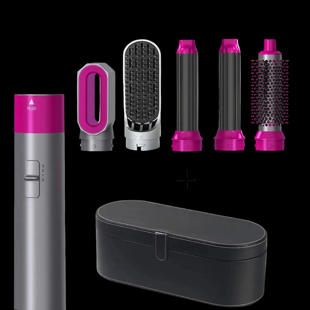 Hair styling tool set with interchangeable attachments and a black carrying case on a white background