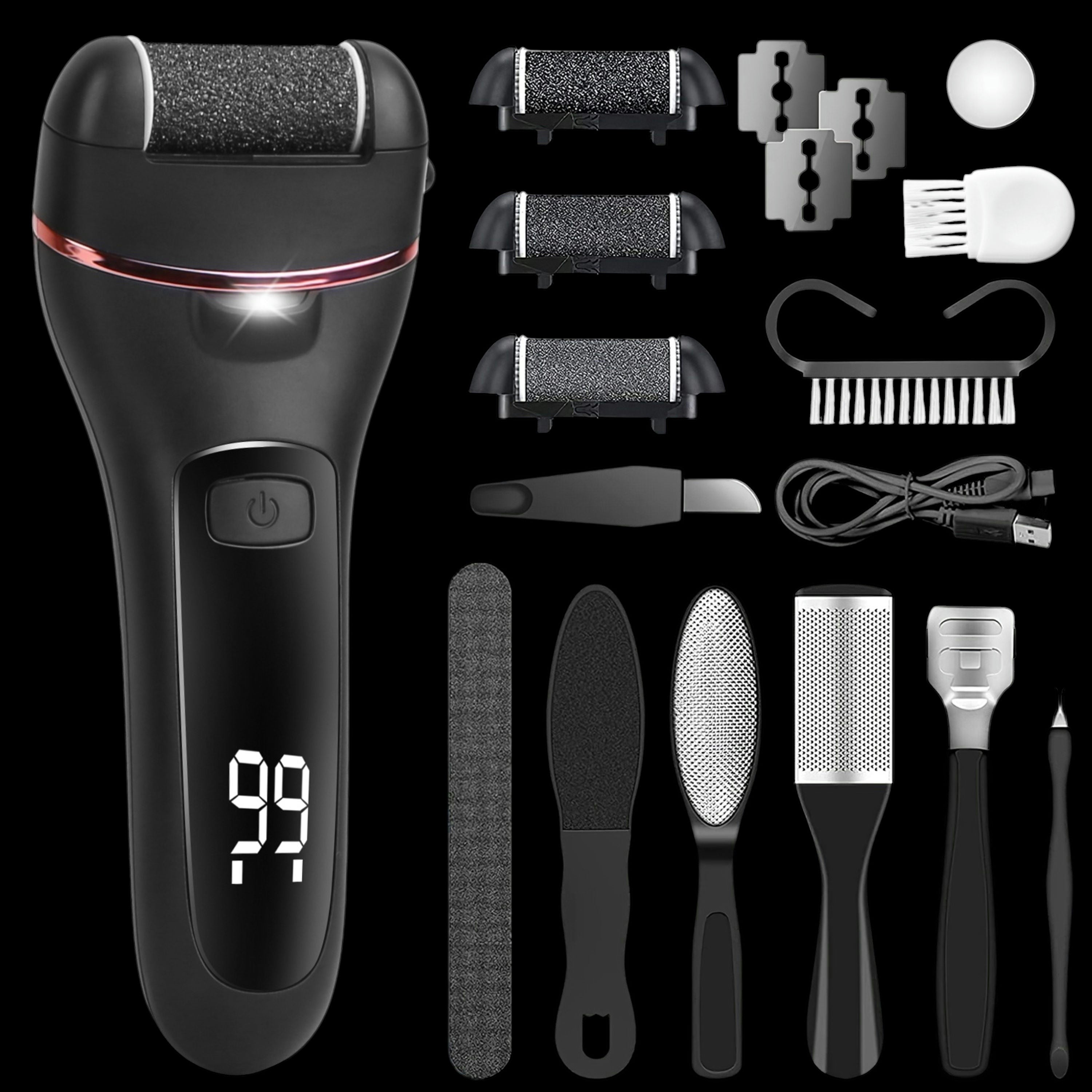 Electric Foot Callus Remover Foot Grinder Rechargeable Foot File Dead Skin Pedicure Machine w/ 3 Roller Heads 2 Speeds 18 in 1 Foot Care Tool by VYSN