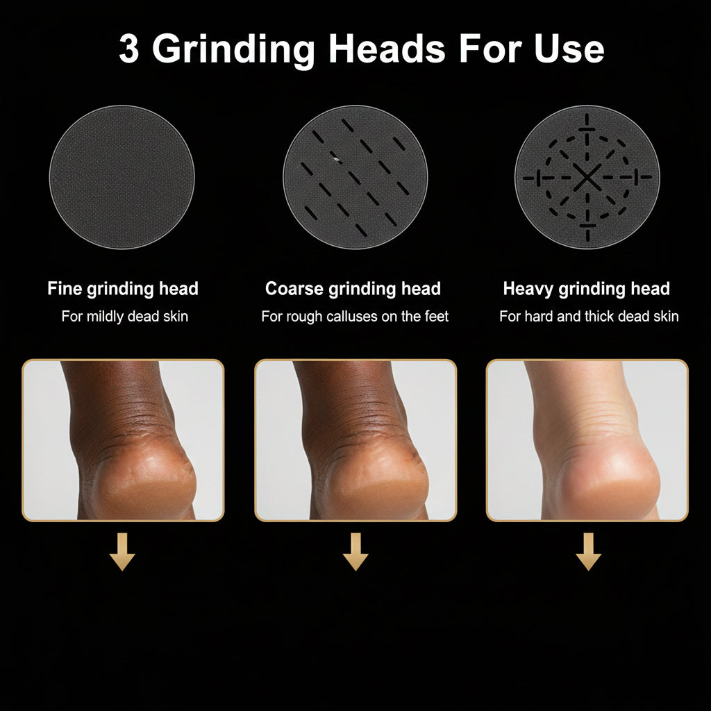 Diagram showing three different grinding heads for a foot care product with corresponding skin conditions.