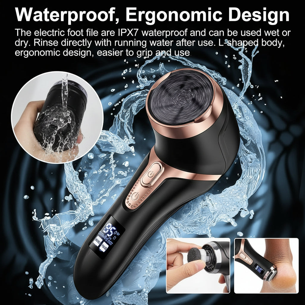 Electric foot file with water splashes and text highlighting its waterproof and ergonomic design.