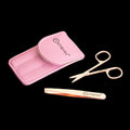 Pink case with rose gold scissors and tweezers on a white background, featuring the Epyrynx brand.