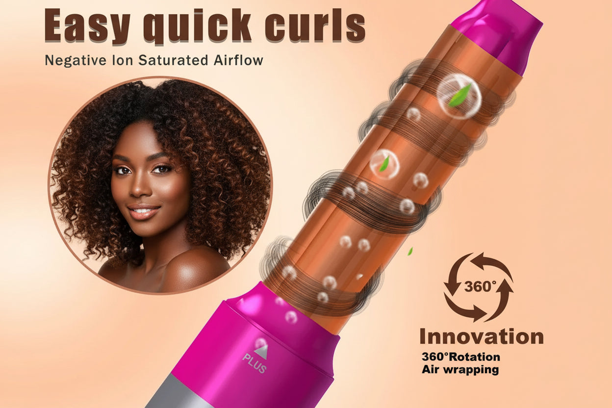 Hair styling tool with pink and brown design, featuring text about negative ion saturated airflow and 360-degree rotation.