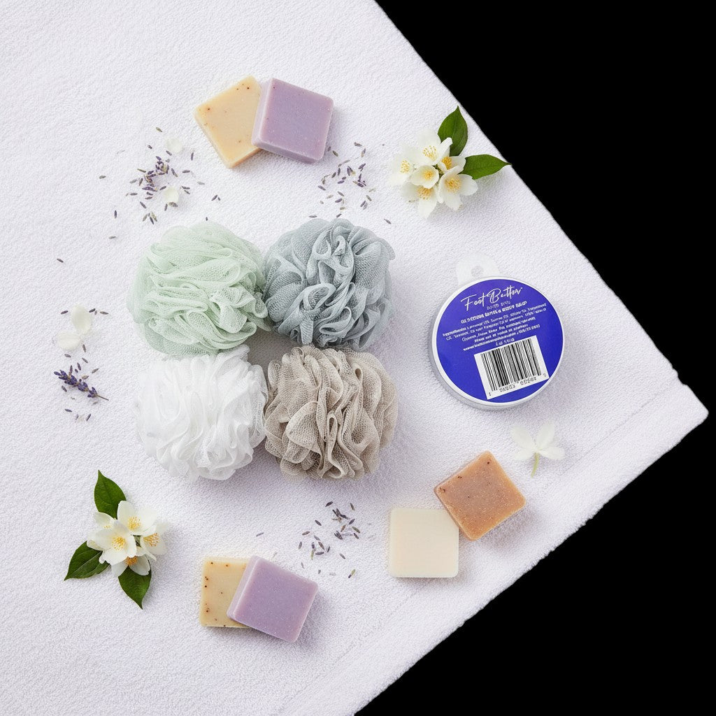 Lavender Bath Bundle – Moisturizing Glycerin Soaps & Shower Loofah Set by Foot Butter by Dr Ron