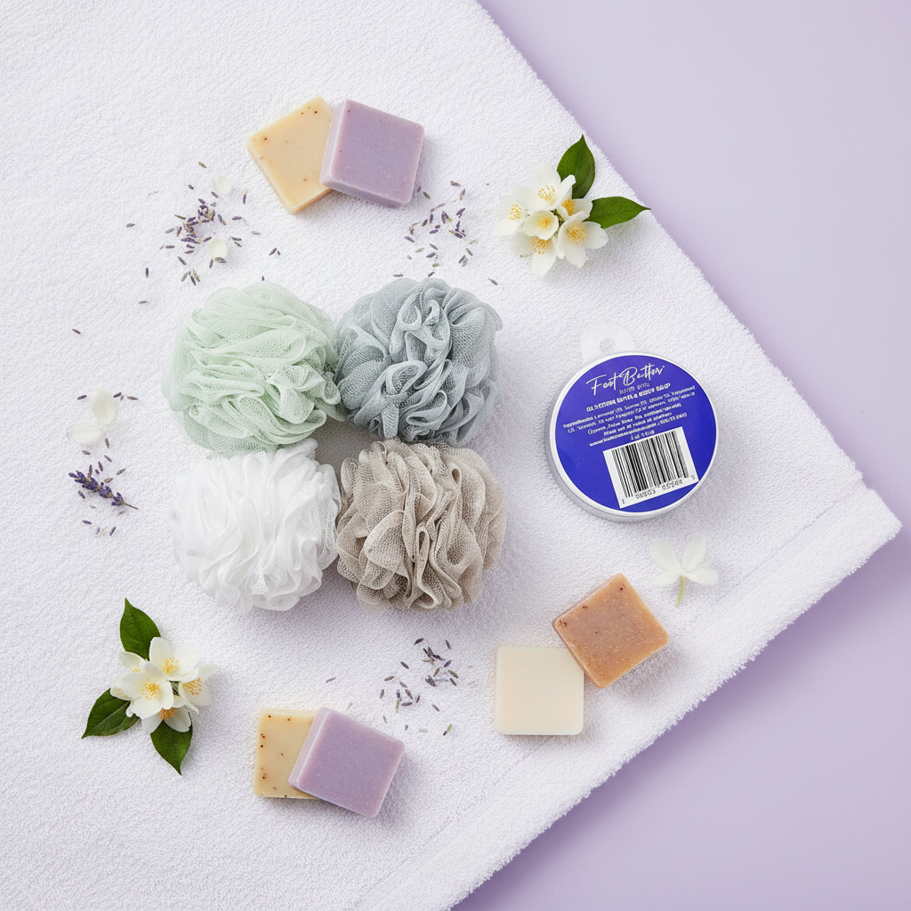 Lavender Bath Bundle – Moisturizing Glycerin Soaps & Shower Loofah Set by Foot Butter by Dr Ron