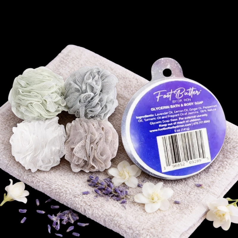 Lavender Bath Bundle – Moisturizing Glycerin Soaps & Shower Loofah Set by Foot Butter by Dr Ron