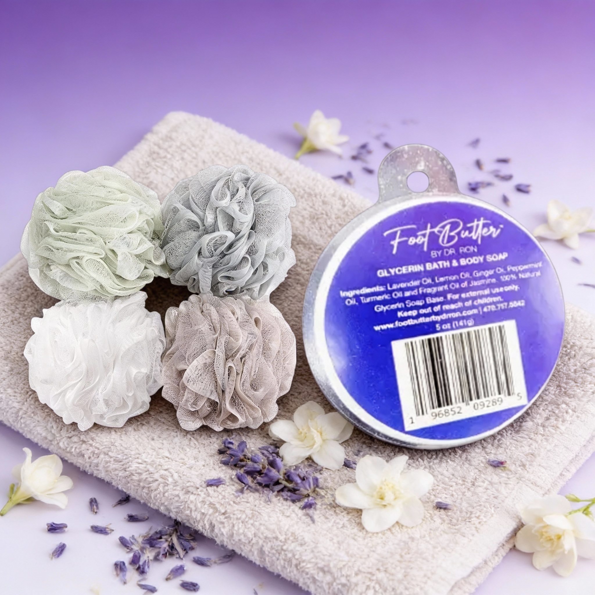 Lavender Bath Bundle – Moisturizing Glycerin Soaps & Shower Loofah Set by Foot Butter by Dr Ron