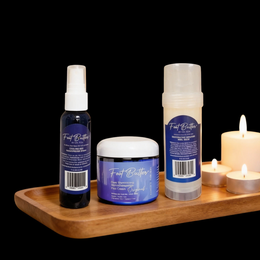 Foot Care Bundle – Lavender Jasmine Foot Butter, Cracked Heel Balm, Cooling Spray & Pumice Scrubber by Foot Butter by Dr Ron