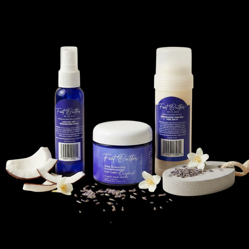 Foot Care Bundle – Lavender Jasmine Foot Butter, Cracked Heel Balm, Cooling Spray & Pumice Scrubber by Foot Butter by Dr Ron
