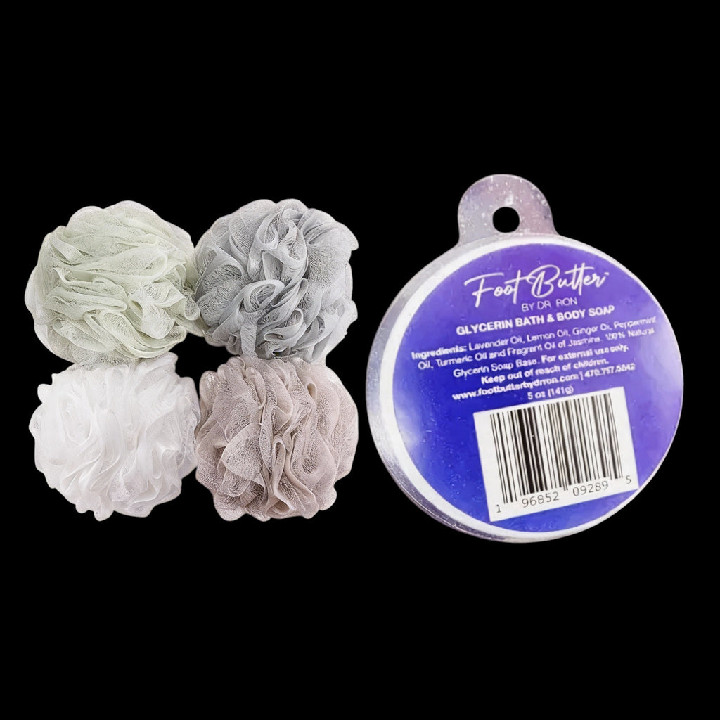 Lavender Bath Bundle – Moisturizing Glycerin Soaps & Shower Loofah Set by Foot Butter by Dr Ron