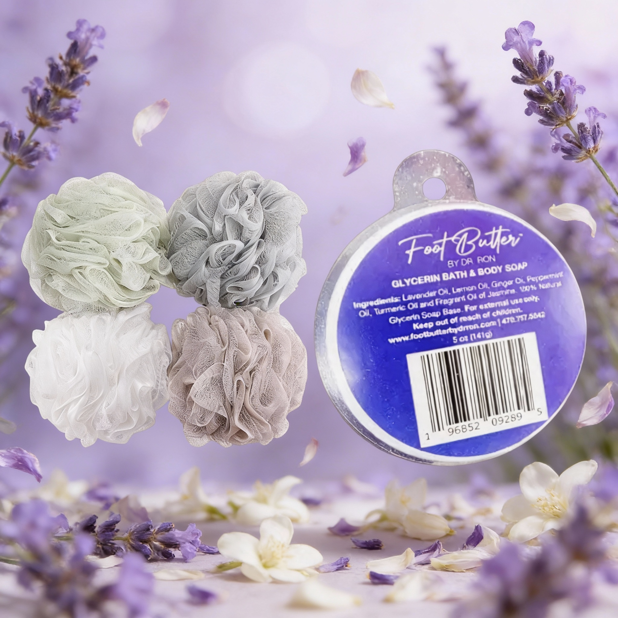 Lavender Bath Bundle – Moisturizing Glycerin Soaps & Shower Loofah Set by Foot Butter by Dr Ron