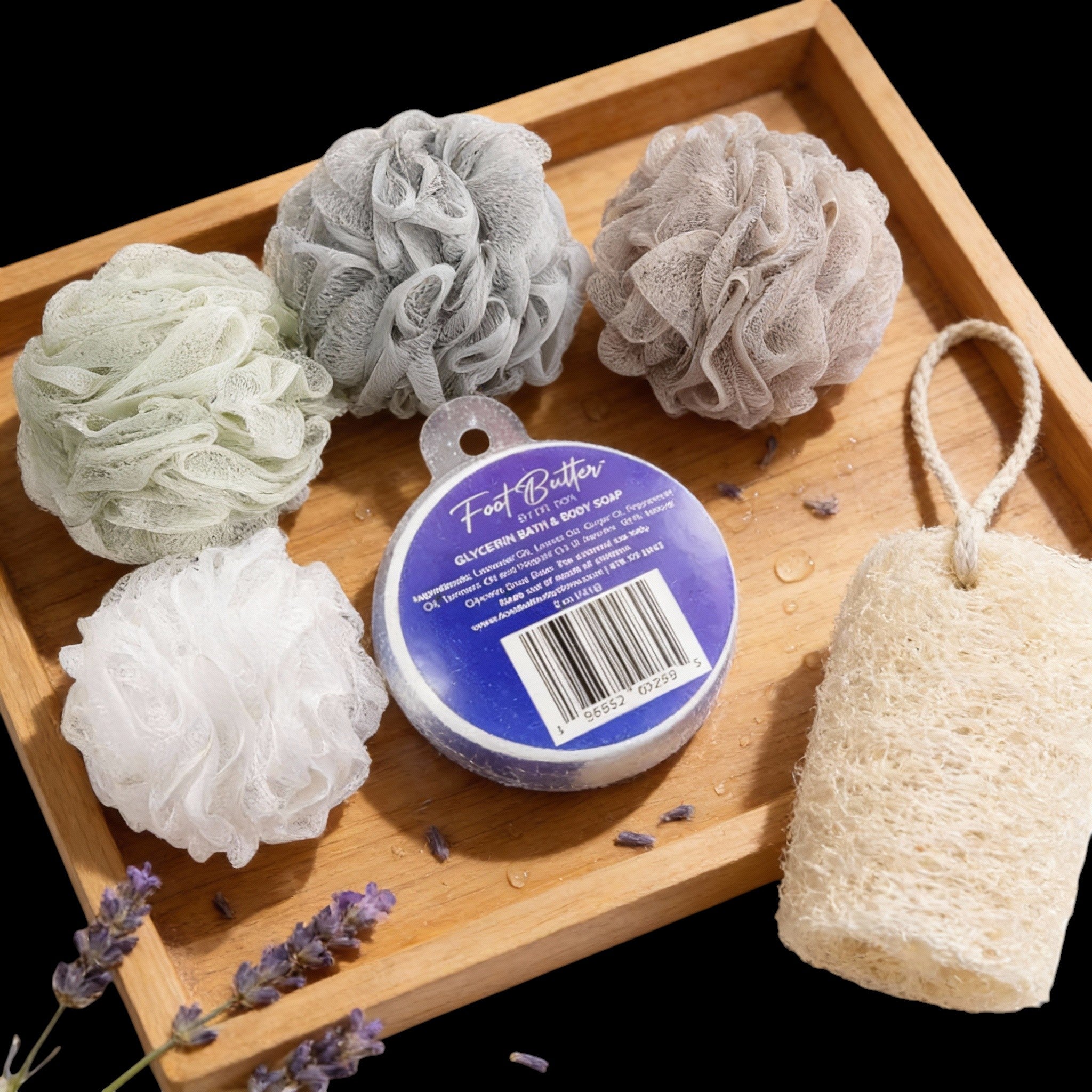 Lavender Bath Bundle – Moisturizing Glycerin Soaps & Shower Loofah Set by Foot Butter by Dr Ron