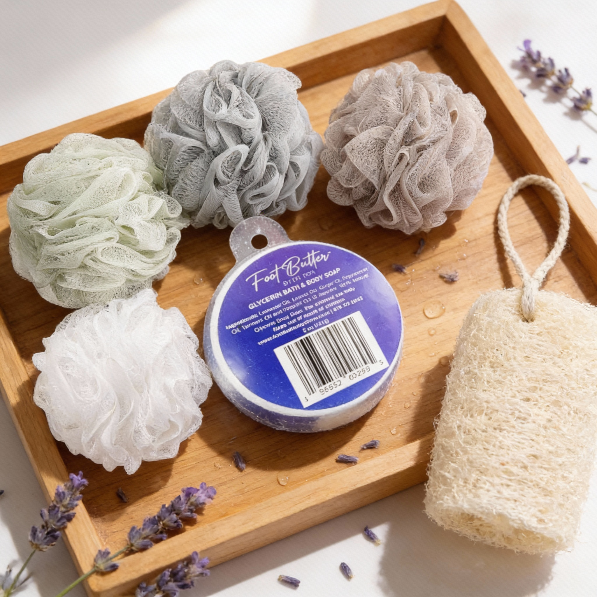 Lavender Bath Bundle – Moisturizing Glycerin Soaps & Shower Loofah Set by Foot Butter by Dr Ron