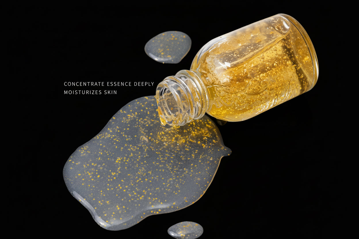 Glass bottle with gold essence on a white background