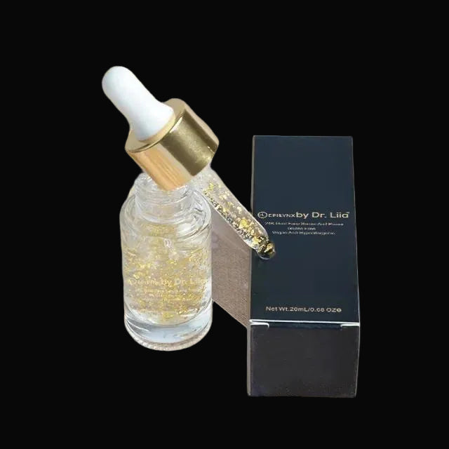 Skincare serum bottle with dropper and packaging on a decorative background