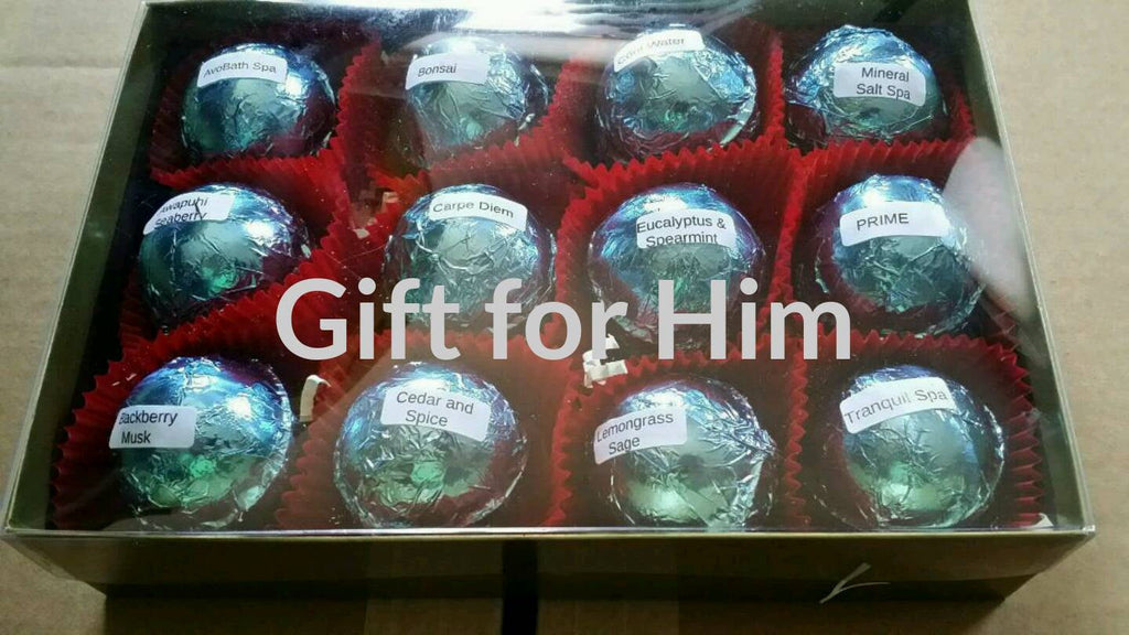 Gift Set with 12 foil wrapped 2.5 oz bath bombs, great for dry skin, Manly Scents by Spa Pure