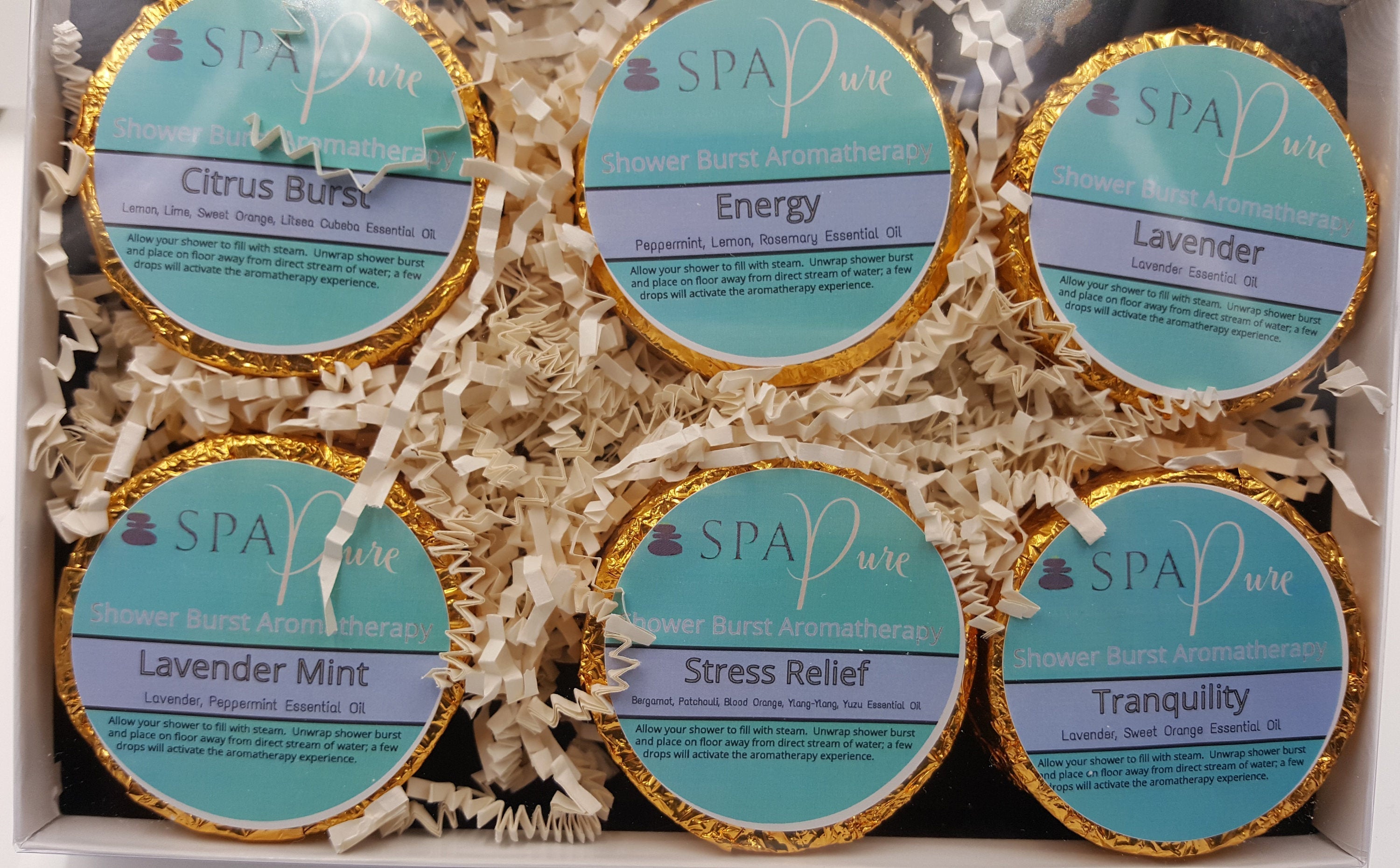 Gift Set with 6 Aromatherapy Shower Tablets - Best Sellers - 100% Essential Oil Blends by Spa Pure