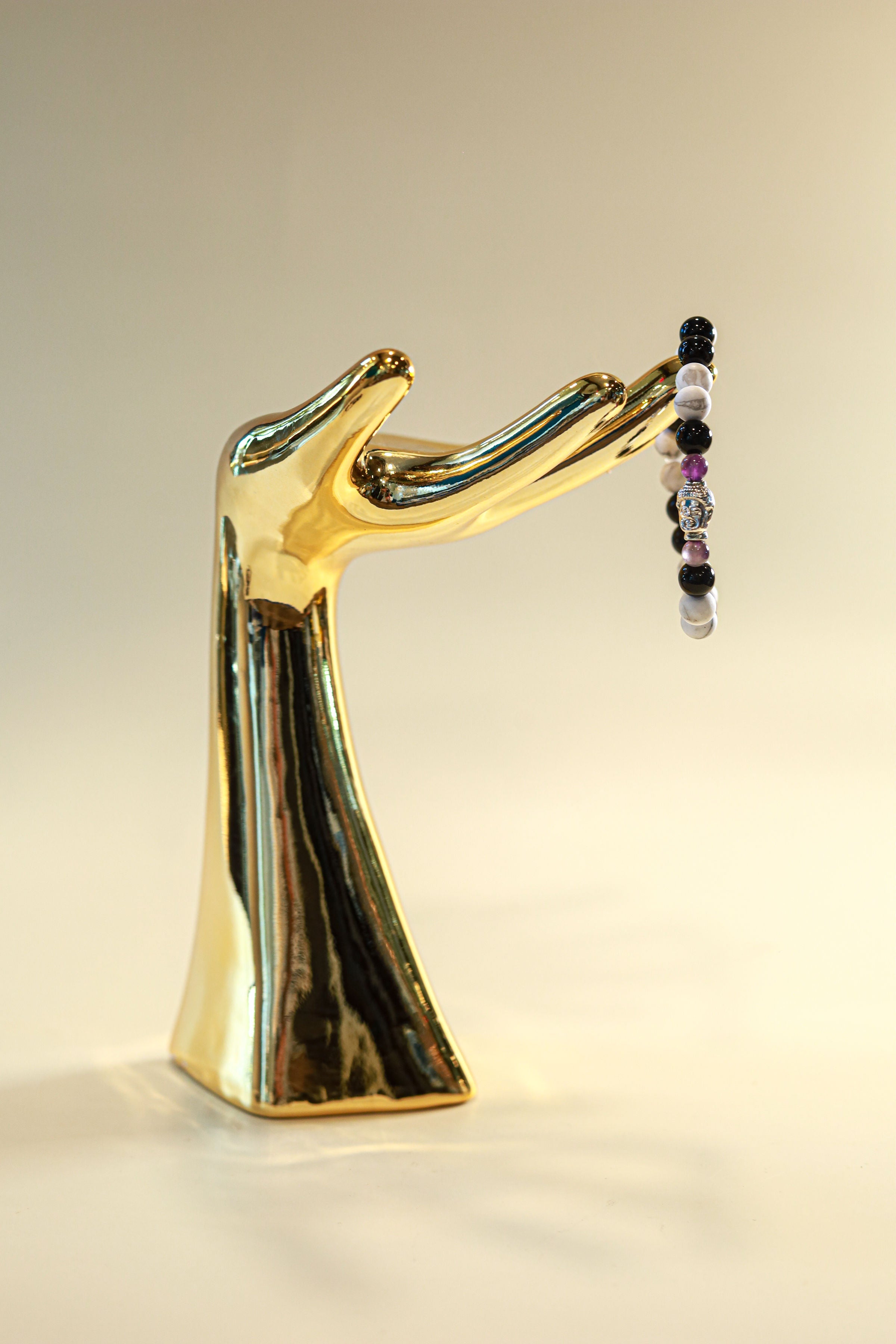 Howlite, Black Jasper & Amethyst Crystal Bracelet • Buddha Charm by The Good Shaman