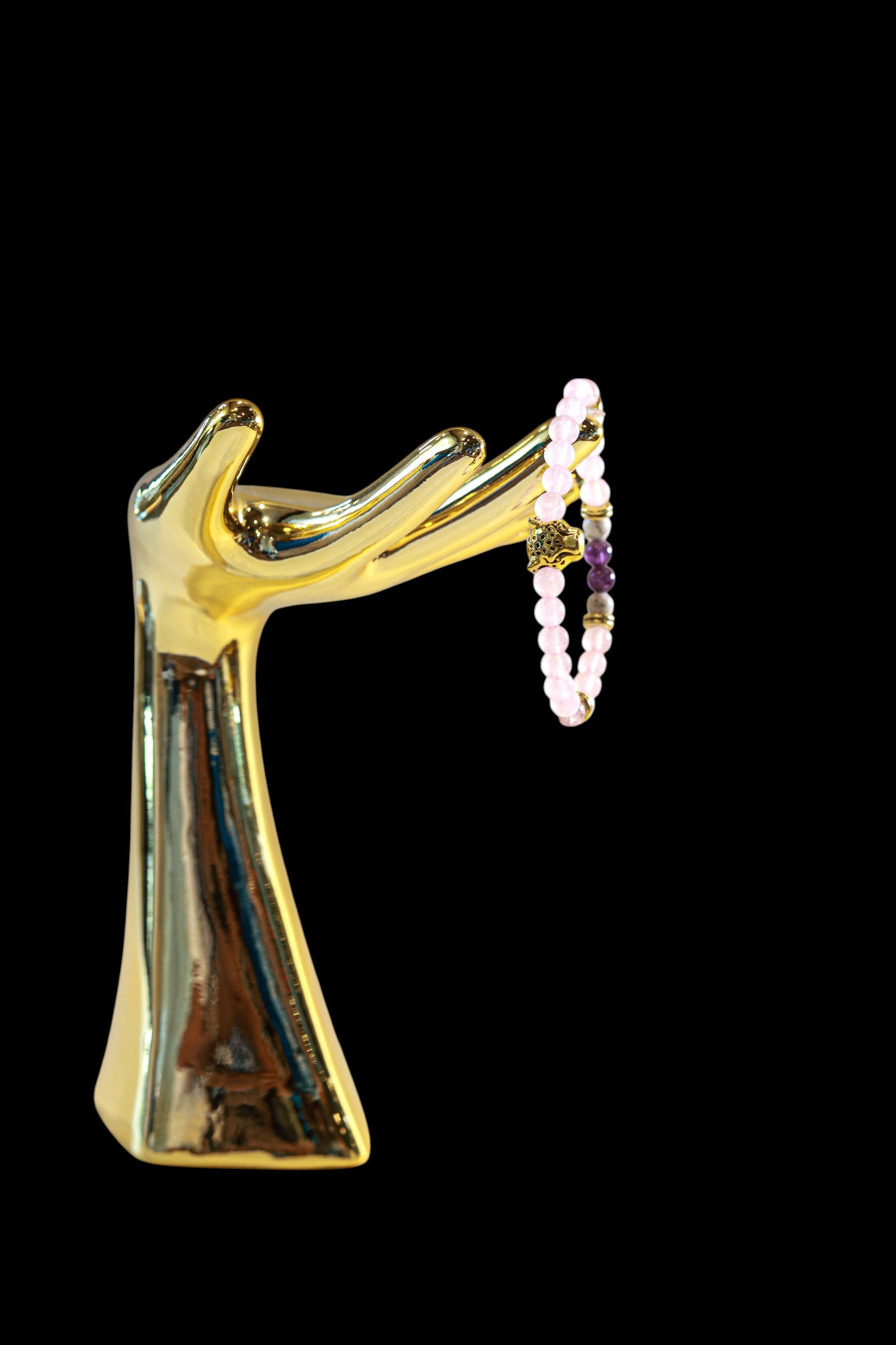Rose Quartz, Amethyst & Howlite Crystal Bracelet • Gold Cheetah by The Good Shaman