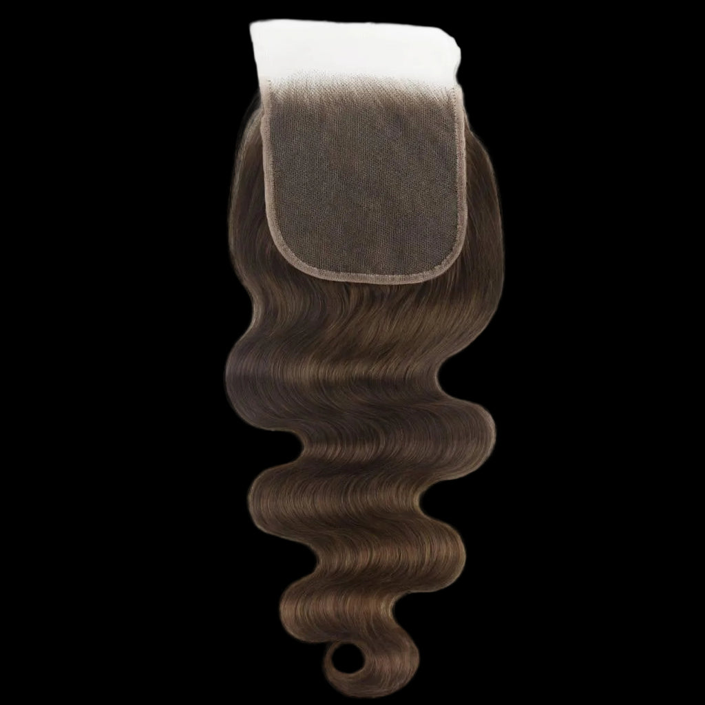 Brown hair extension with a white base on a white background