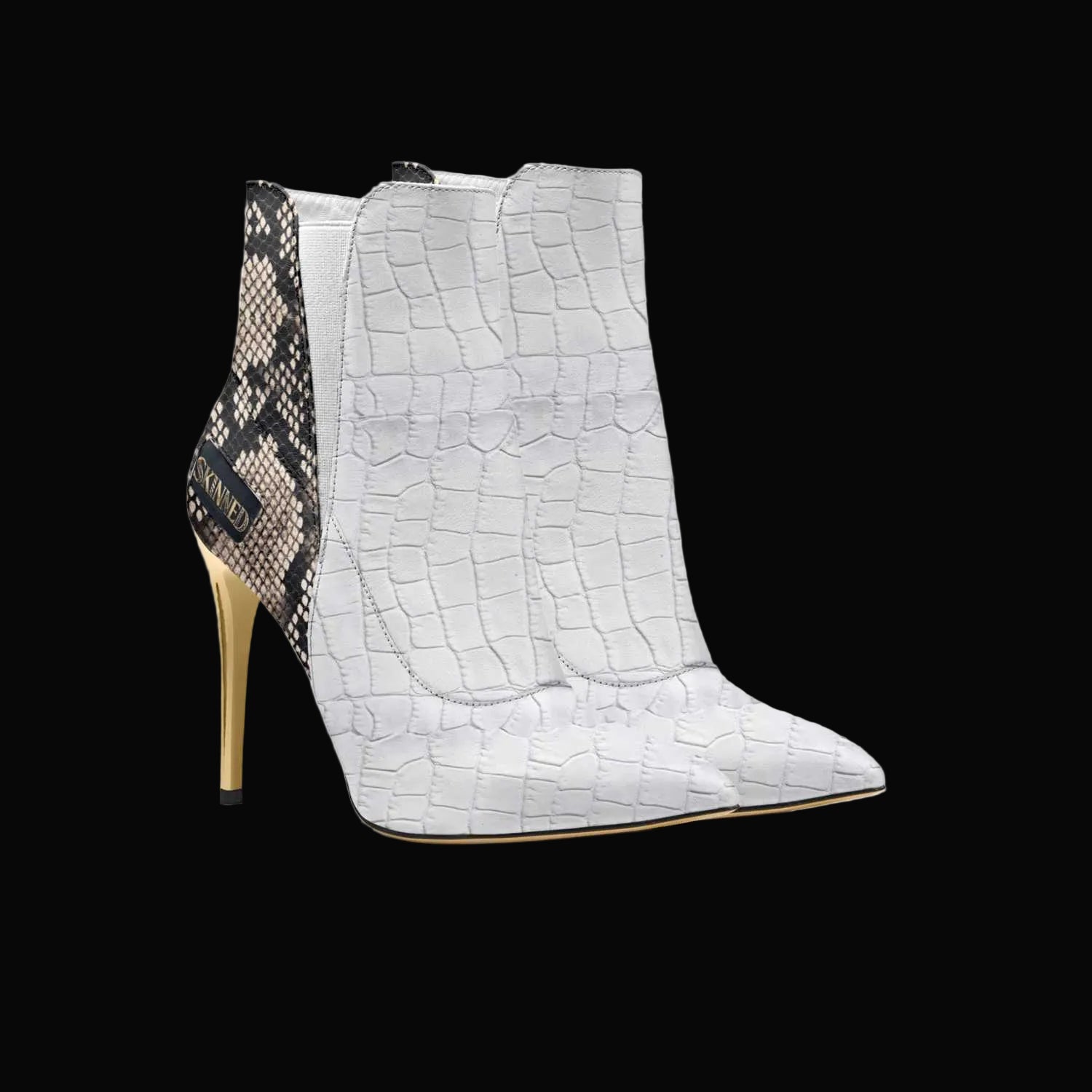 White crocodile-patterned high-heeled ankle boot with a gold heel on a white background