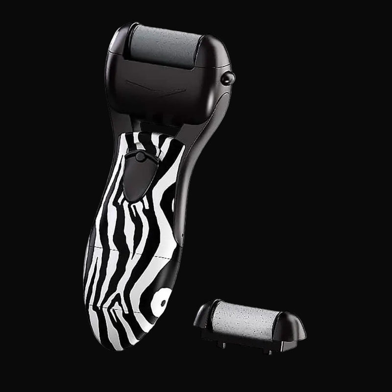 Black and white zebra-patterned electric shaver with a black base on a white background
