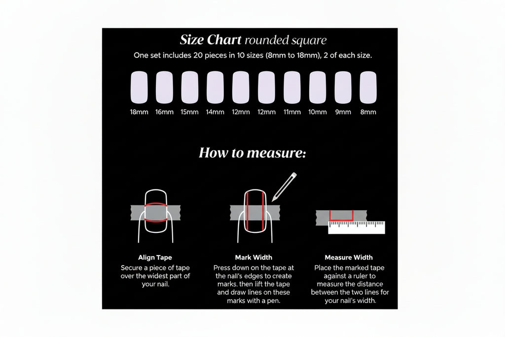Size chart for rounded square nails with measurement instructions on a white background