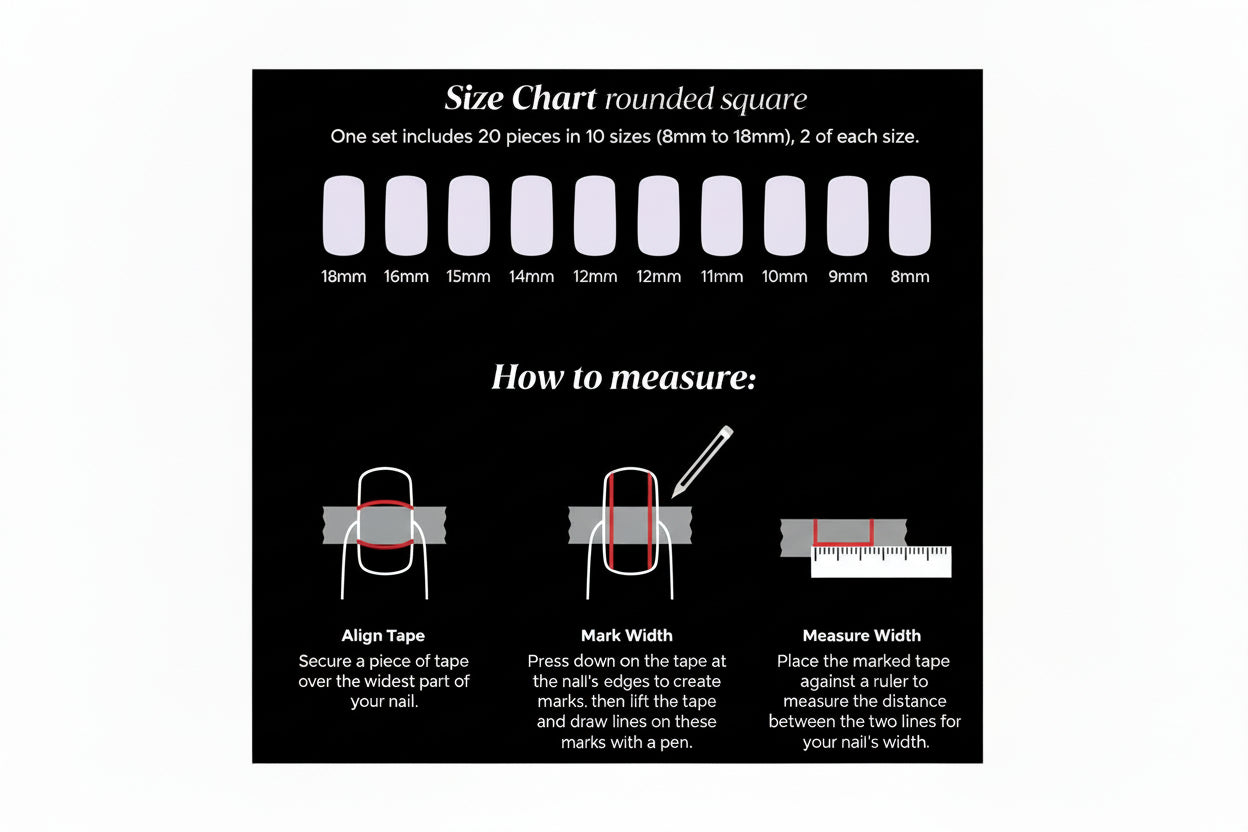 Size chart for rounded square nails with measurement instructions on a white background