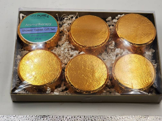 Gift Set with 6 Aromatherapy Shower Tablets - Best Sellers - GOLD - 100% Essential Oil Blends by Spa Pure