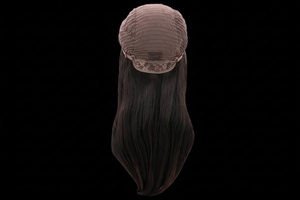 Black wig on a mannequin head with brown cap on a white background
