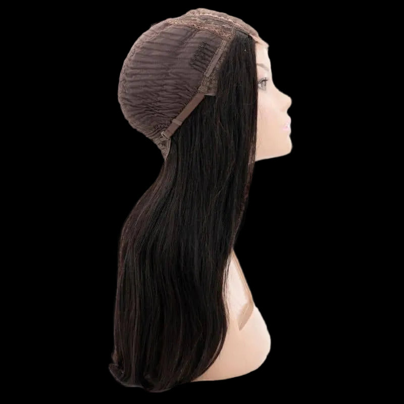 Brown wig on a mannequin head with a white background