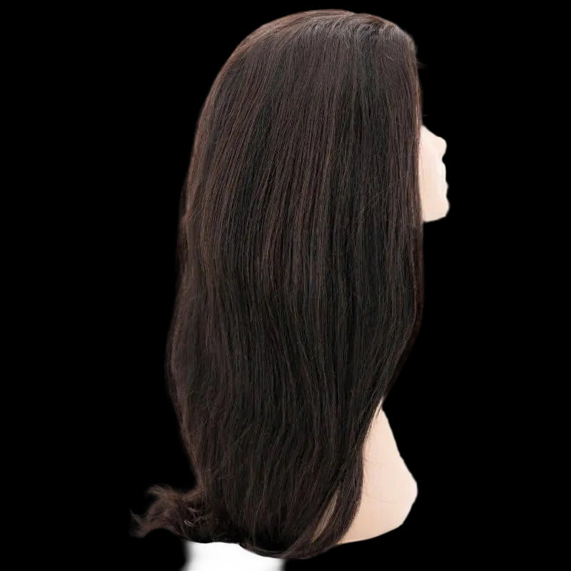 Black wig on a mannequin head against a white background