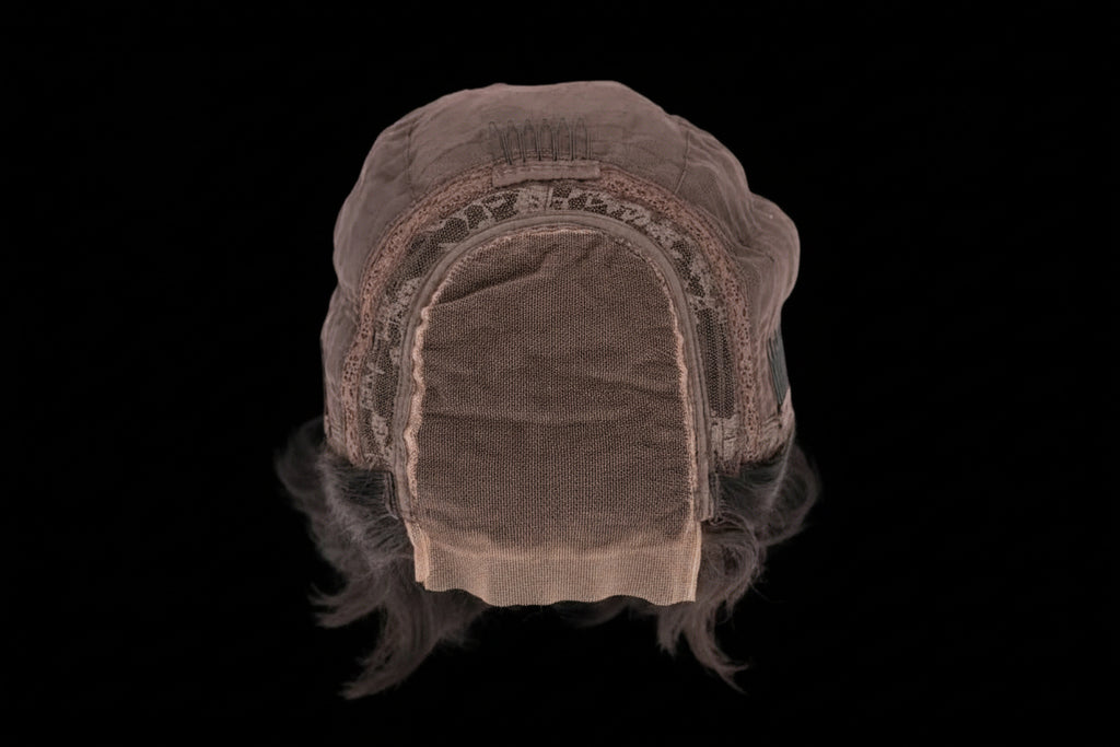 Brown wig cap with lace front on a white background