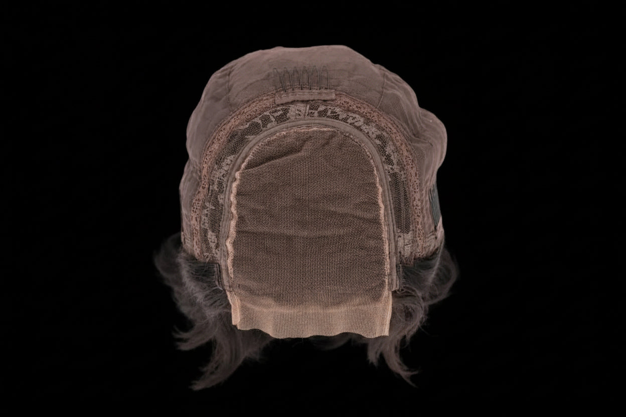 Brown wig cap with lace front on a white background
