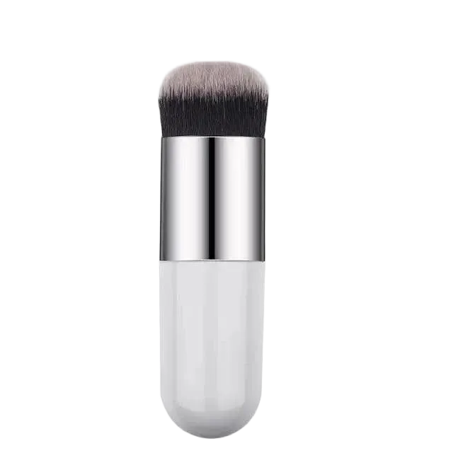 Makeup brush with silver ferrule and black bristles on a white background