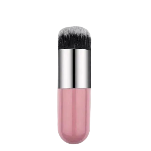 Makeup brush with pink handle and silver ferrule on a white background