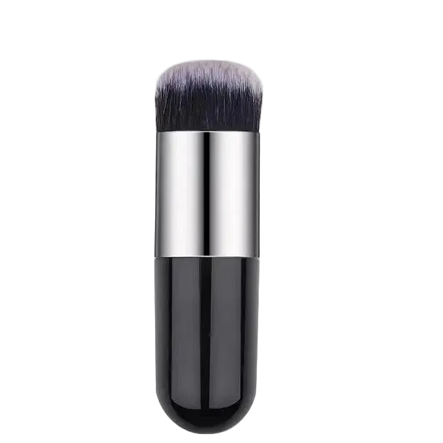 Makeup brush with black handle and silver ferrule on a white background
