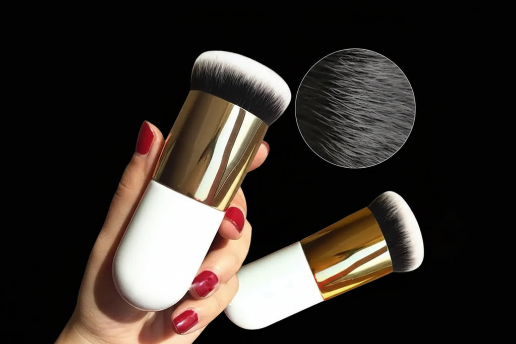 Makeup brush with gold and white handle held by a hand, close-up of bristles shown.